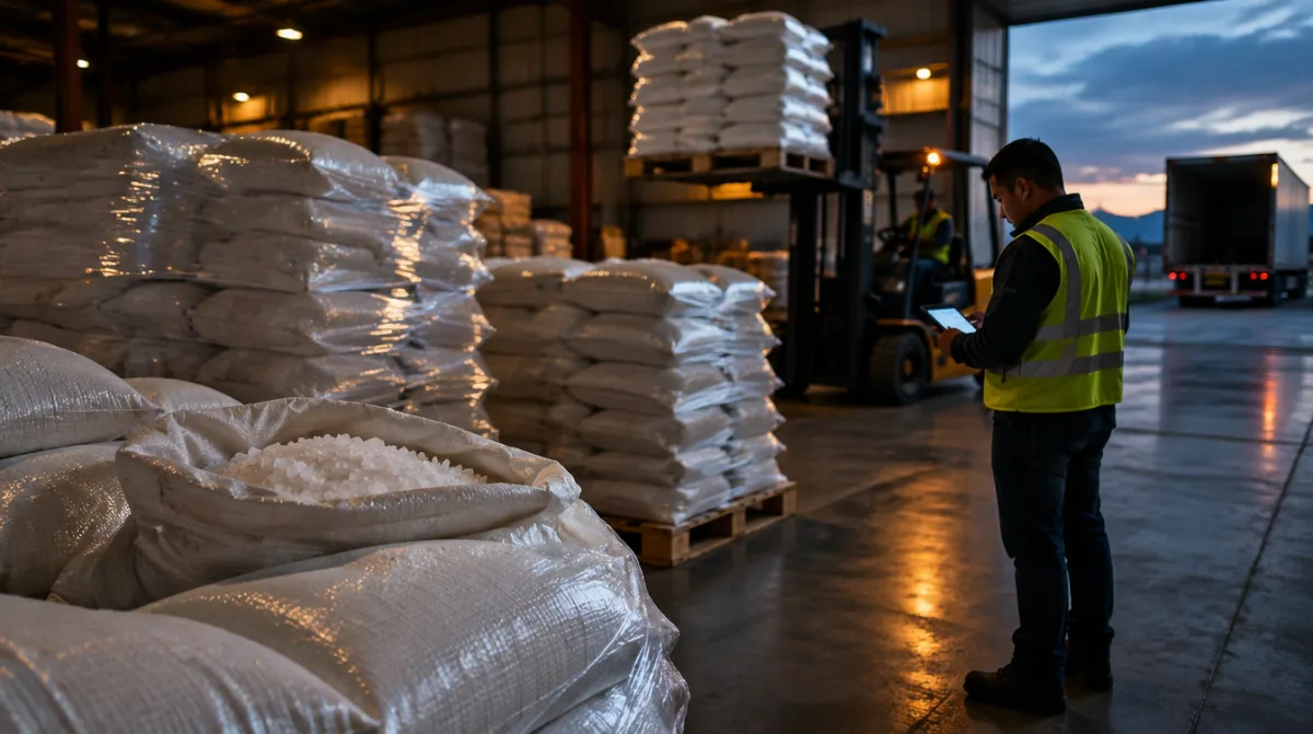 Pallets con costales de sal kosher listos para importarse, revisados por un operador de logística