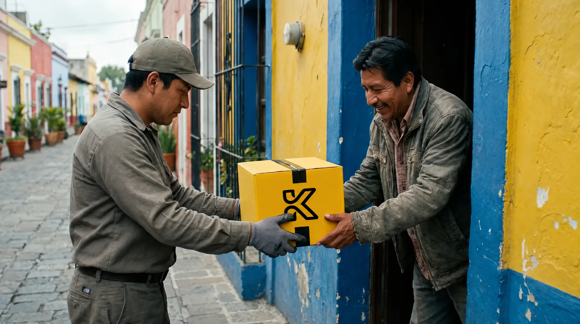 Entrega de una caja amarilla en la puerta de una casa